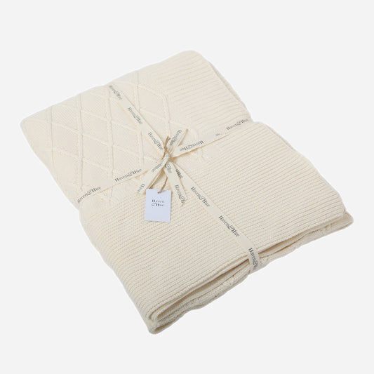 Folded Diamonds 100% cotton knitted throw in Ecru with ribbon detail