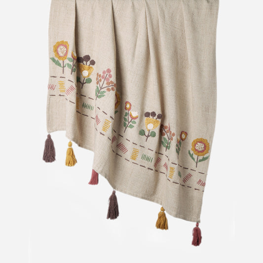Hanging Multi coloured 100% cotton woven throw with tassels and embroidery detail