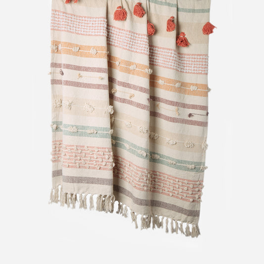 Hanging Multi Stripe with tassels and pom poms 100% cotton woven throw in Multi colour
