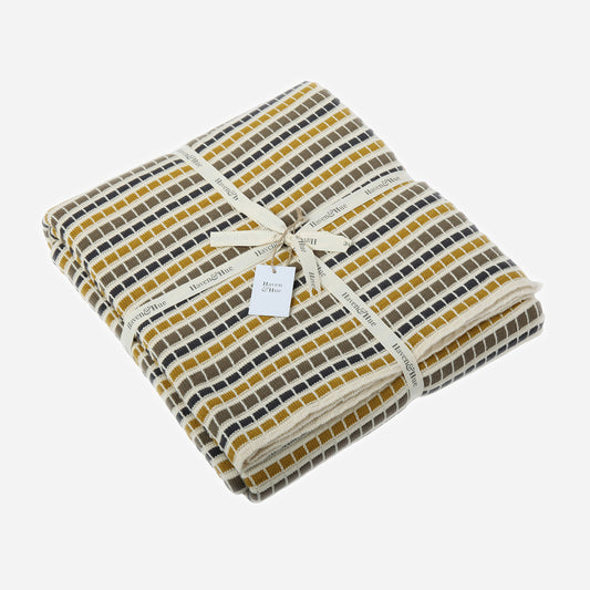Folded Multi Stripe 100% cotton knitted throw in Ecru / Anthracite / Olive Tosil / Honey with ribbon detail