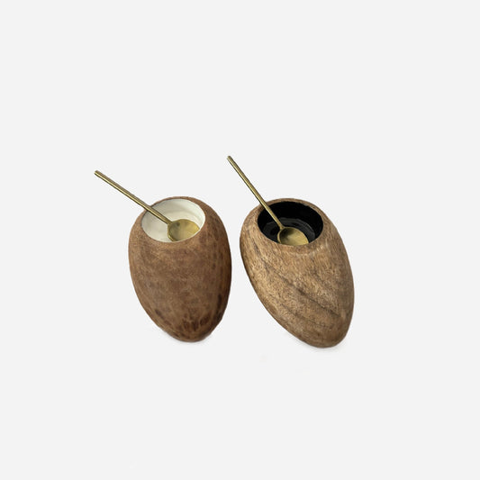 Mango Wood White & Black Enamel Salt & Pepper Set with 2 Gold Spoons