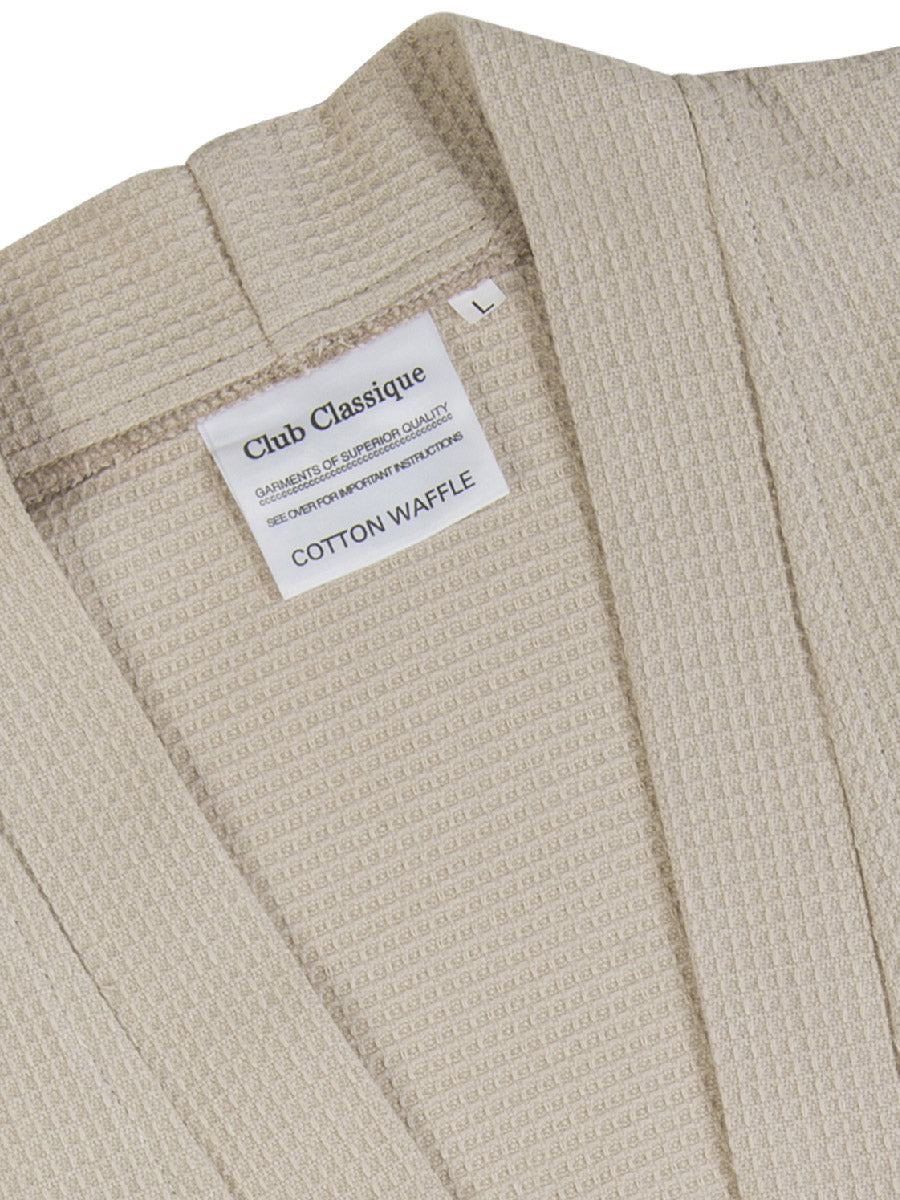 Club Classique stone waffle weave cotton bathrobe close up detail – unisex lightweight kimono style