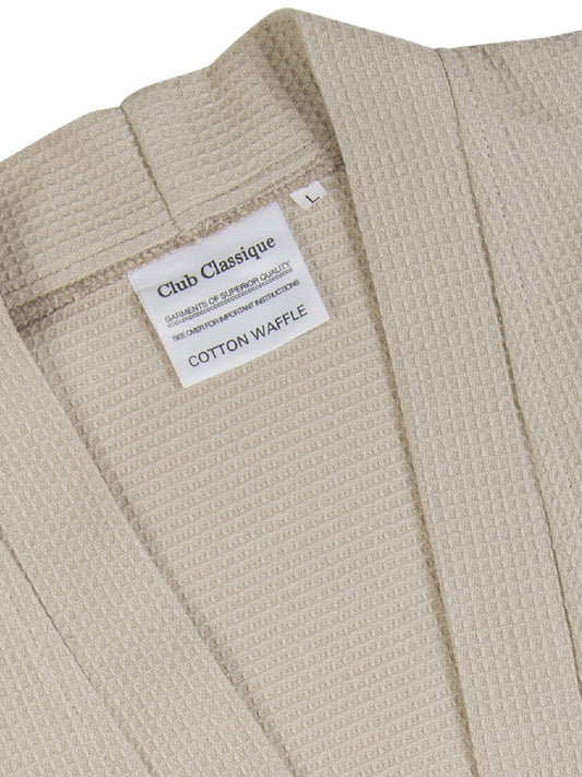 Club Classique stone waffle weave cotton bathrobe close up detail – unisex lightweight kimono style