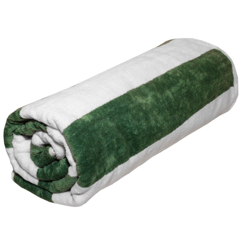 Rolled-up green and white velour towel on a white background