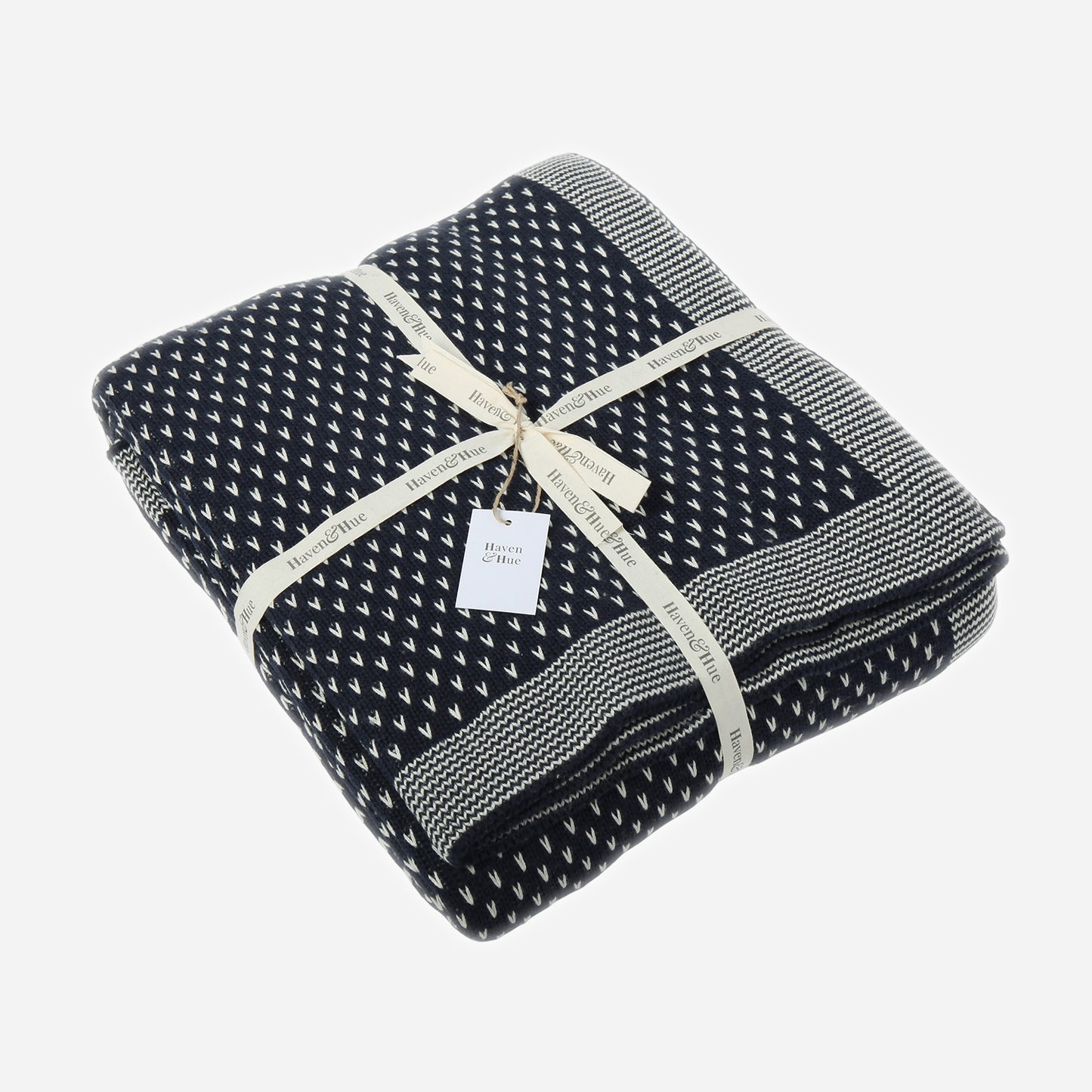 Folded Arrow Heads 100% cotton knitted throw in Indigo / Ecru with ribbon detail