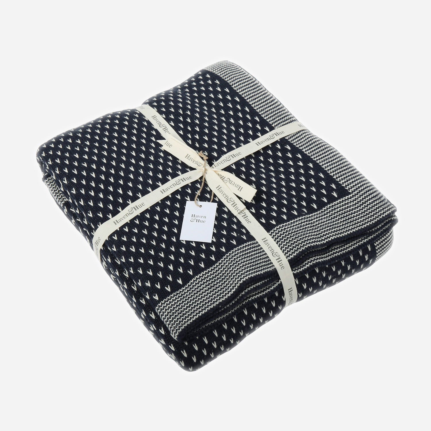Folded Arrow Heads 100% cotton knitted throw in Indigo / Ecru with ribbon detail