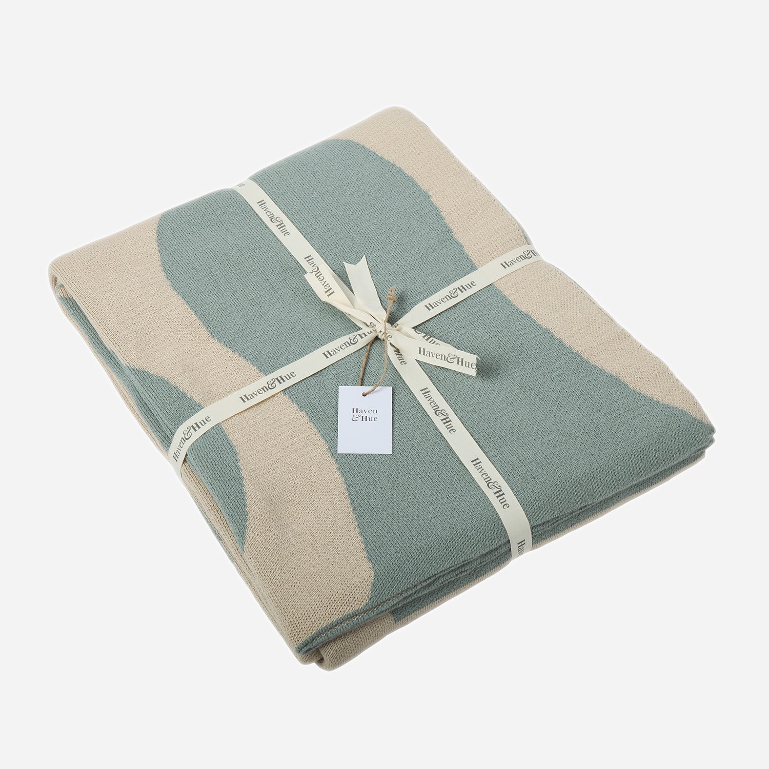 Folded Bell Jar 100% cotton knitted throw in Blue Grey / Oat with ribbon detail