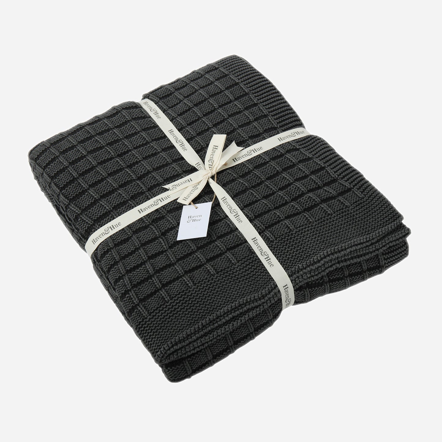 Folded Blocks 100% cotton knitted throw in Anthracite with ribbon detail
