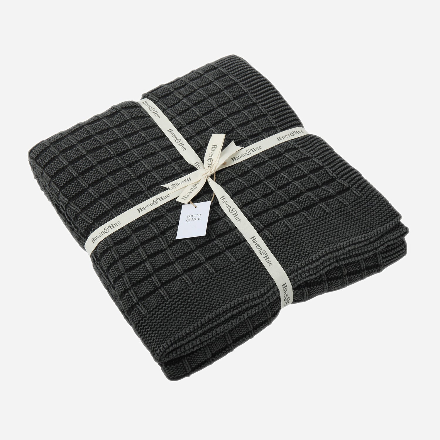 Folded Blocks 100% cotton knitted throw in Anthracite with ribbon detail