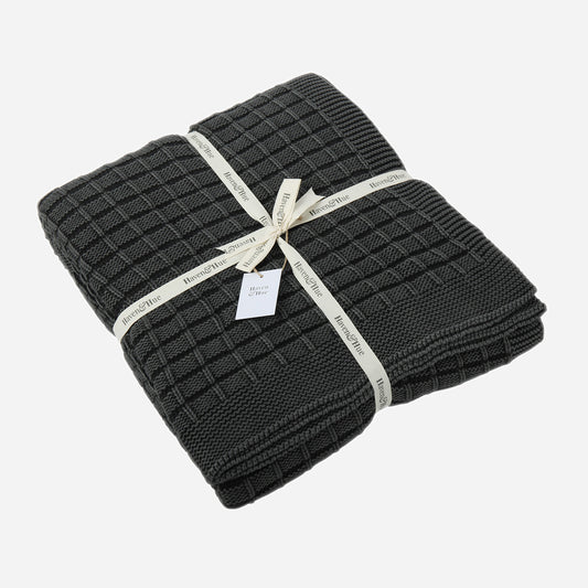 Folded Blocks 100% cotton knitted throw in Anthracite with ribbon detail