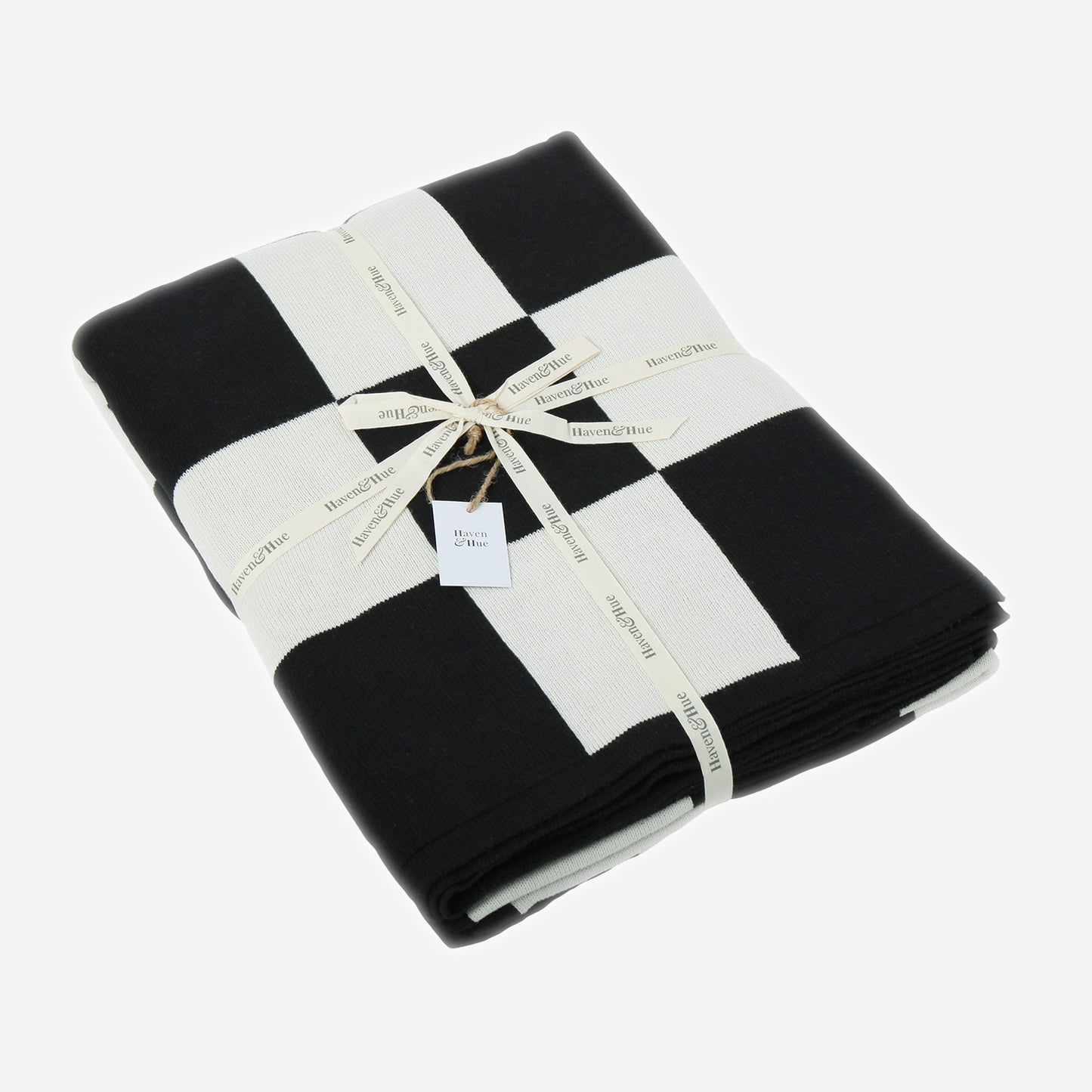 Folded Checkered Board 100% cotton knitted throw in White & Black with ribbon detail
