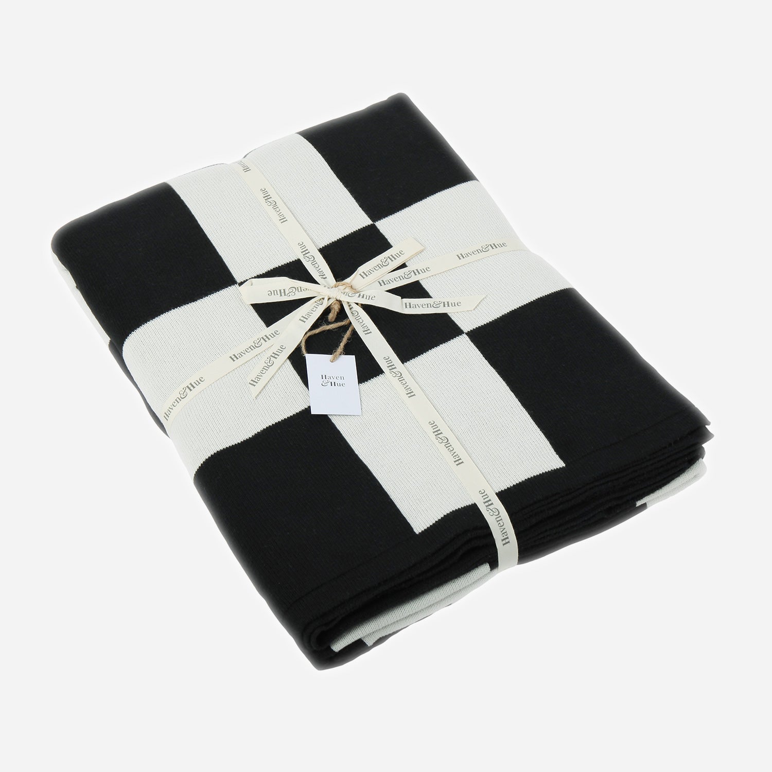 Folded Checkered Board 100% cotton knitted throw in White & Black with ribbon detail
