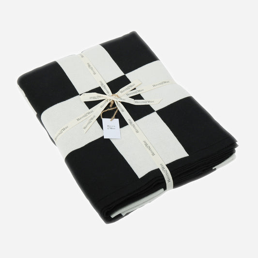 Folded Checkered Board 100% cotton knitted throw in White & Black with ribbon detail

