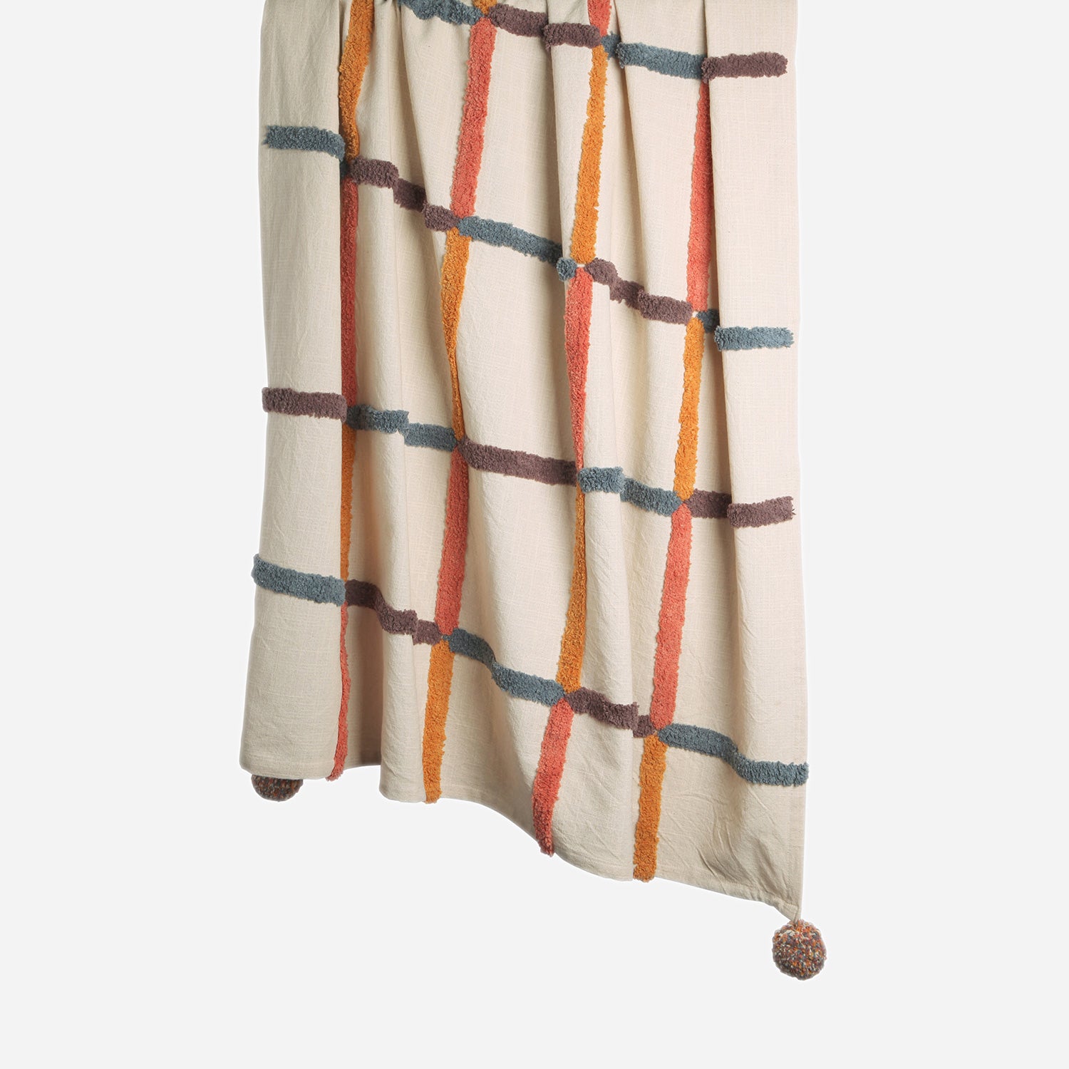 Hanging Chequered Pom Pom 100% cotton woven throw in Orange and Blue