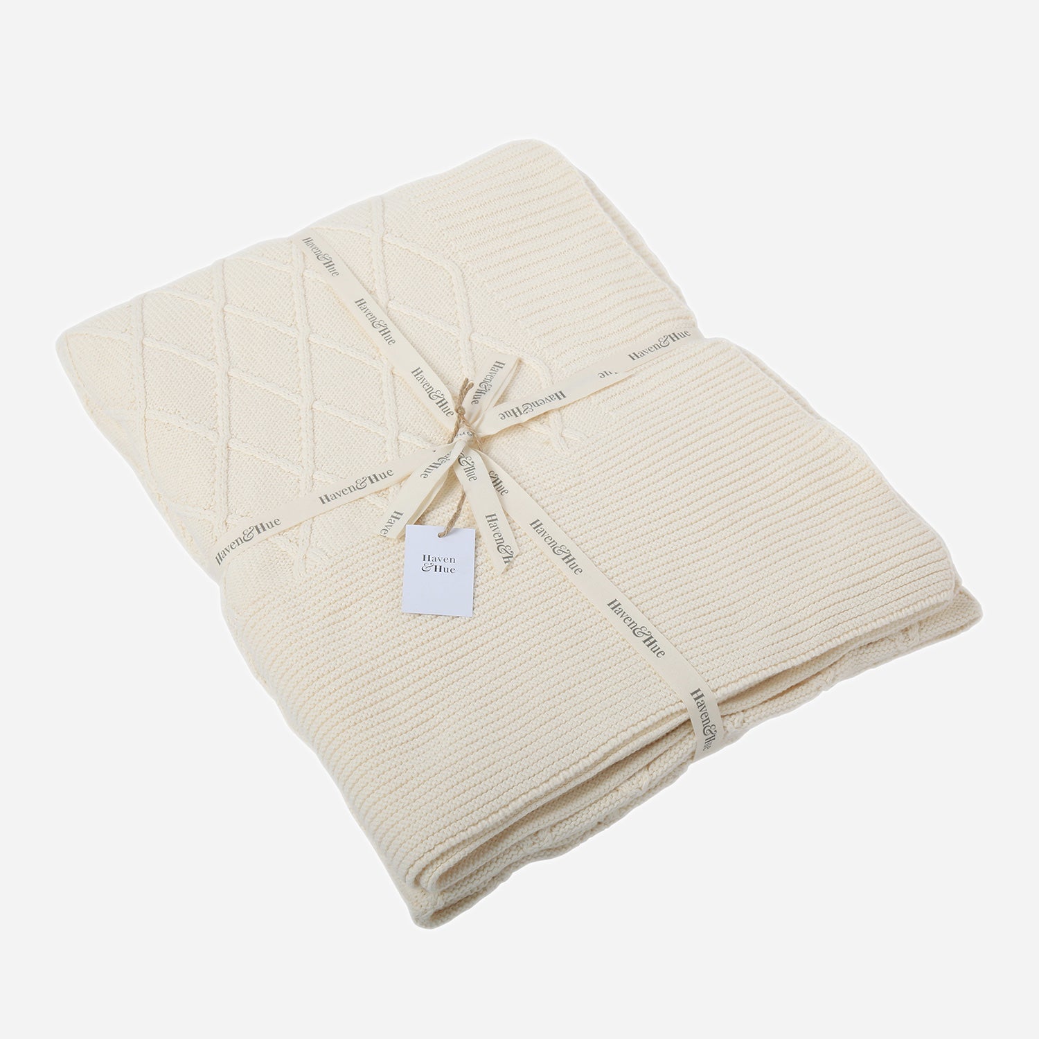 Folded Diamonds 100% cotton knitted throw in Ecru with ribbon detail
