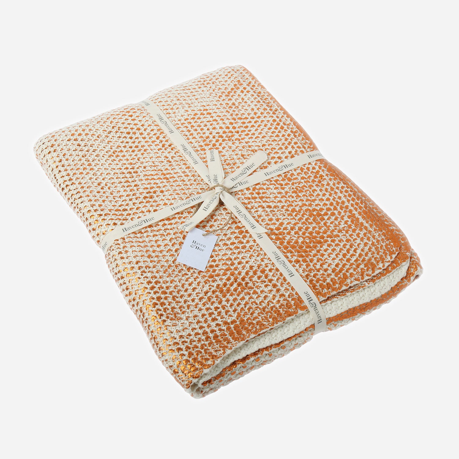 Folded Foil 100% cotton knitted throw in Bronze with ribbon detail 