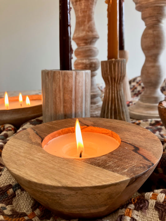 Mango Wood Candle Holder with Wide Rim