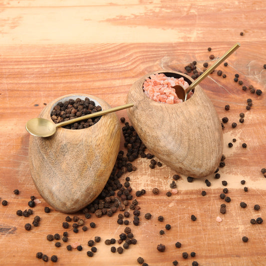 Mango Wood White & Black Enamel Salt & Pepper Set with 2 Gold Spoons