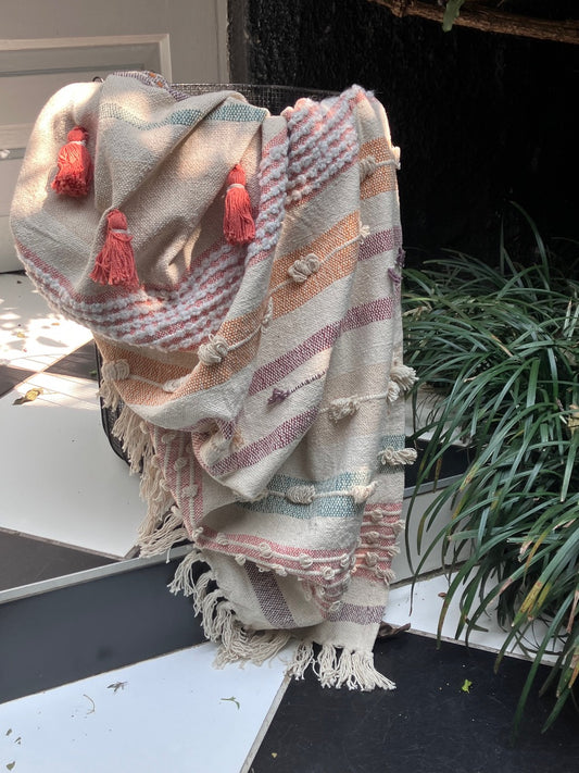 Multi Stripe with tassels and Pom Poms Throw