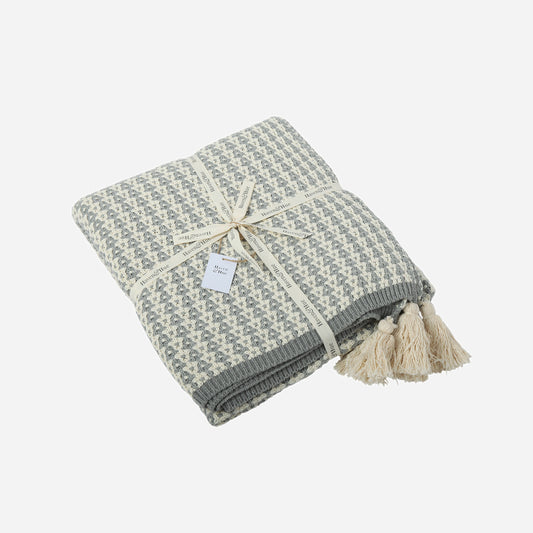 Folded Houndstooth 100% cotton throw in Grey / Ecru by Haven & Hue with ribbon detail