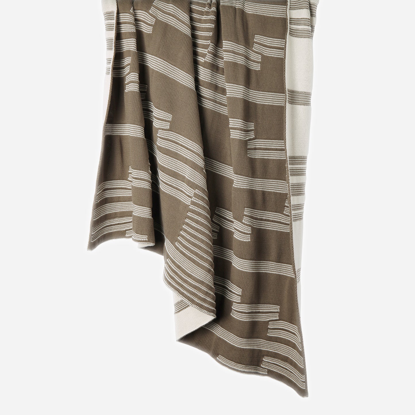 Hanging Linear 100% cotton knitted throw in Olive Tosil / Ecru showing reversible sides