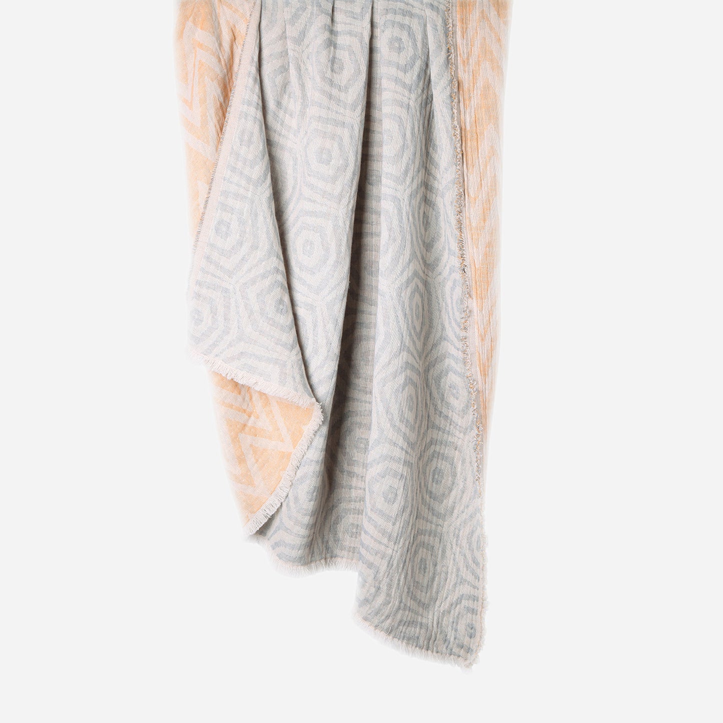 Hanging Massoni Geometric 100% cotton woven throw in Blue / Orange / Ecru