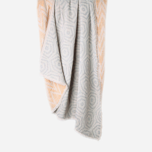 Hanging Massoni Geometric 100% cotton woven throw in Blue / Orange / Ecru