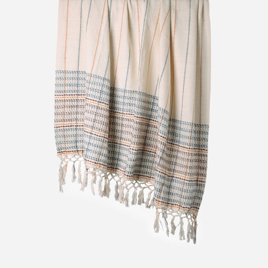 Hanging Multi Stripe 100% cotton woven throw in Blue / Orange / Ecru