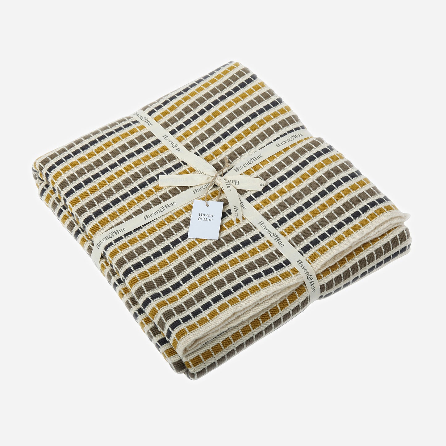 Folded Multi Stripe 100% cotton knitted throw in Ecru / Anthracite / Olive Tosil / Honey with ribbon detail