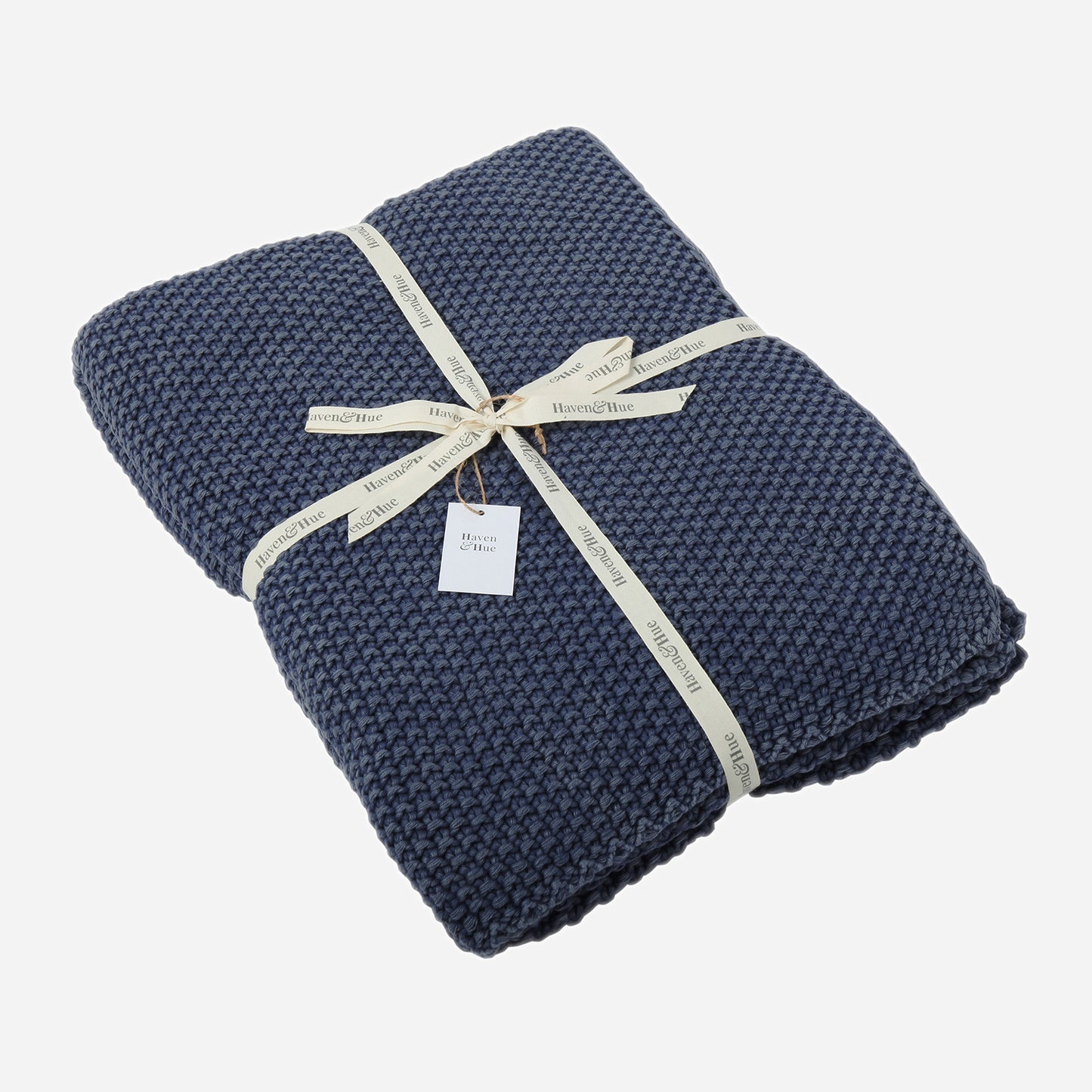Folded Nautical 100% cotton knitted throw in Navy with ribbon detail