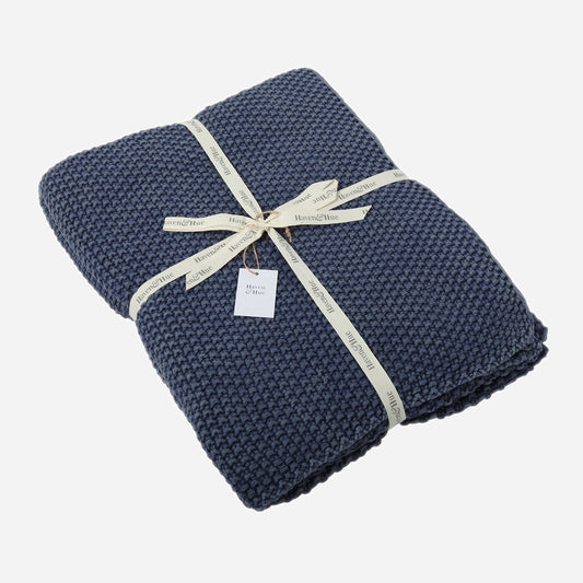 Folded Nautical 100% cotton knitted throw in Navy with ribbon detail