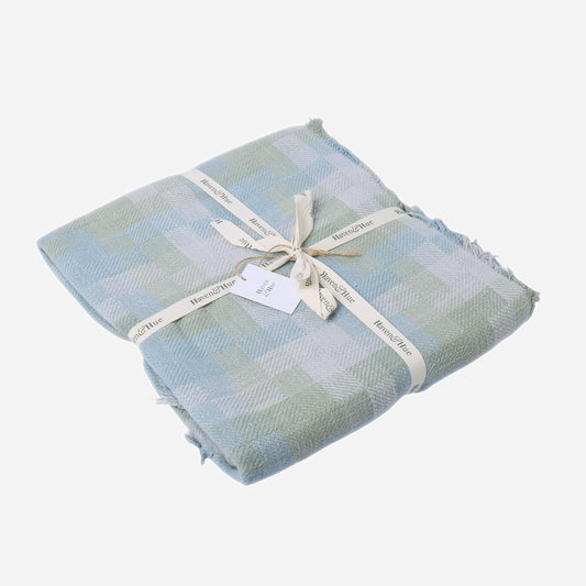Folded Plaide 100% cotton woven throw in Smoke Green / Sage / Duck Egg Blue with ribbon detail