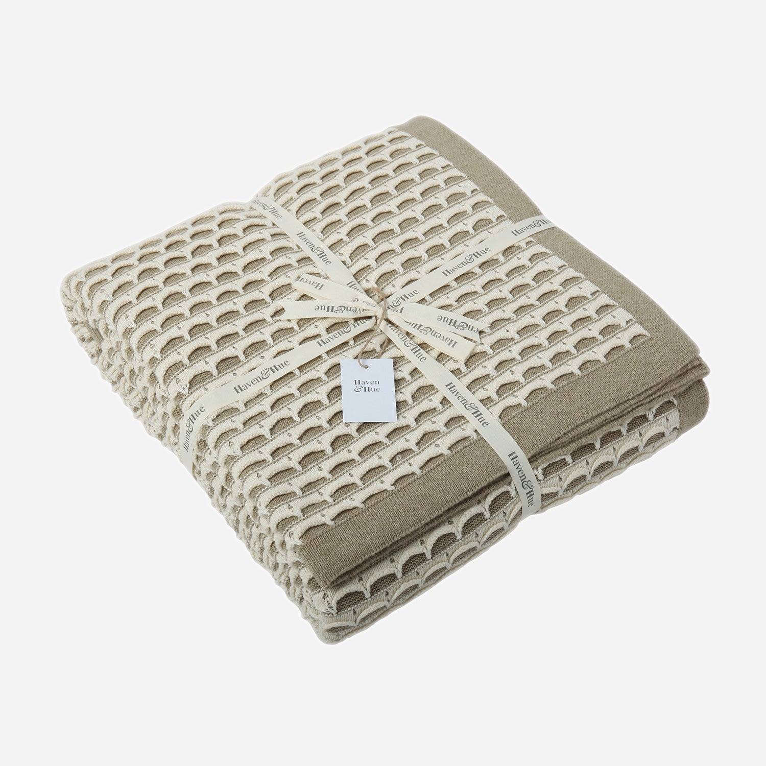 Folded Scallops 100% cotton knitted throw in Natural Melange / Ecru with ribbon detail