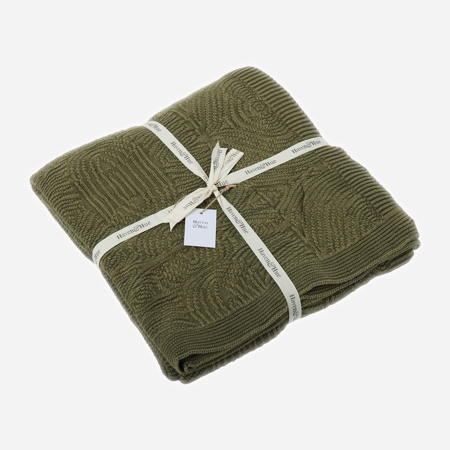 Folded Self Emboss 100% cotton knitted throw in Winter Moss with ribbon detail