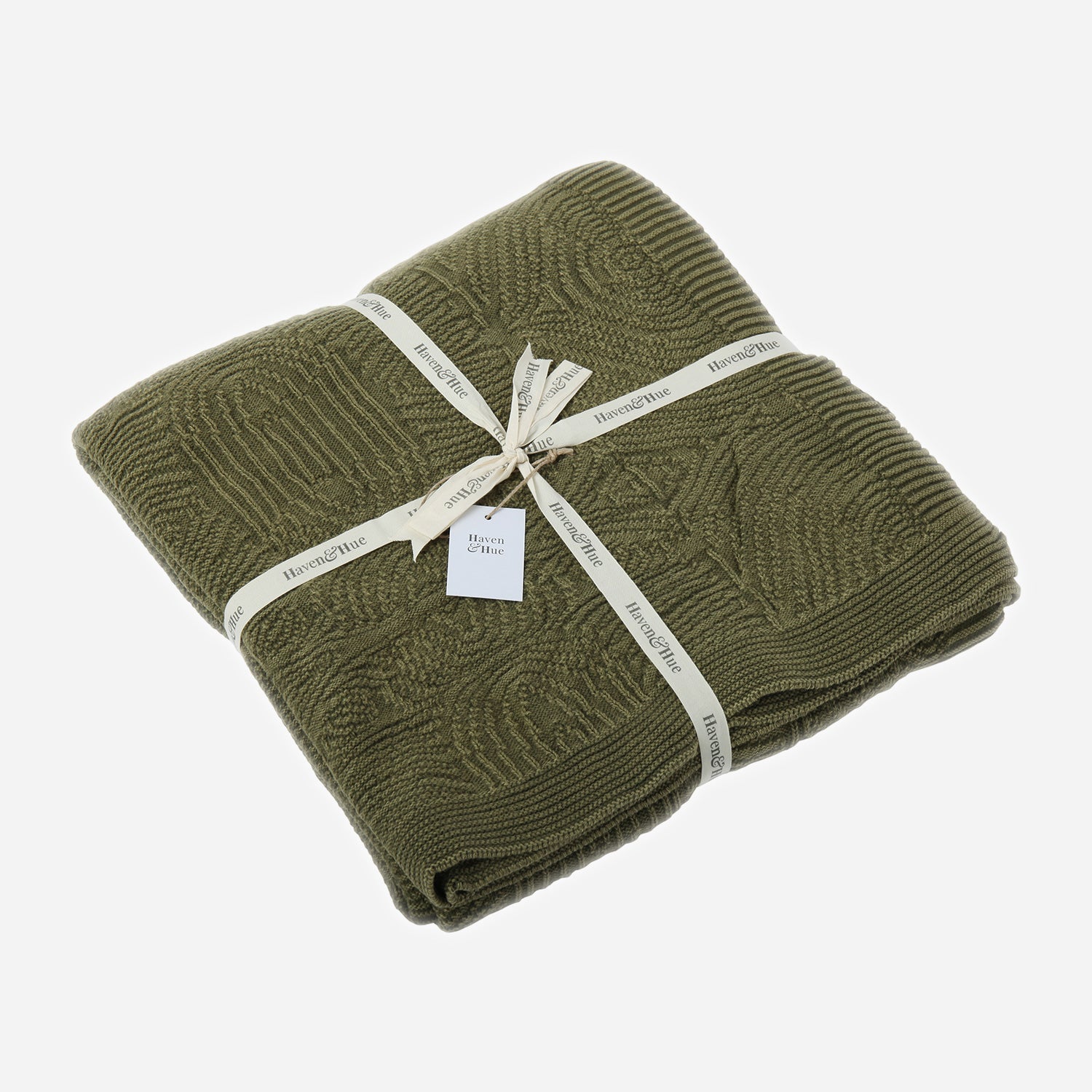 Folded Self Emboss 100% cotton knitted throw in Winter Moss with ribbon detail